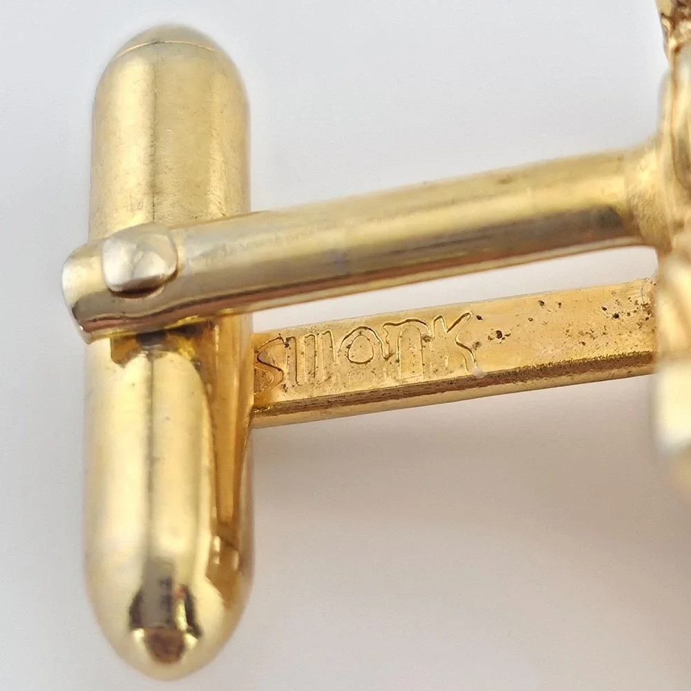 Vtg 80 Yr SWANK Cufflinks Deep Red Cabochons Mid-Century Rope Frame Gold Plate